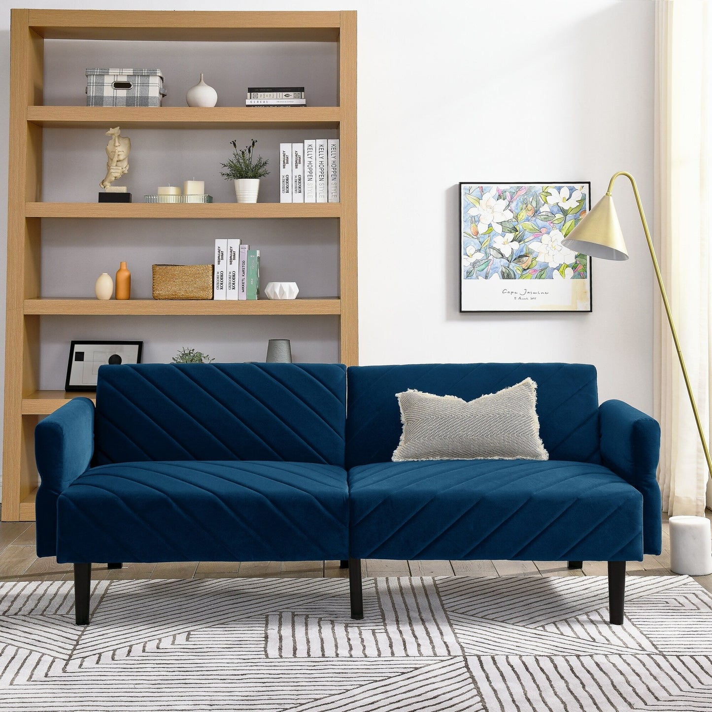Canapé-lit futon convertible capitonné en velours bleu 87 avec accoudoirs réglables pour salon