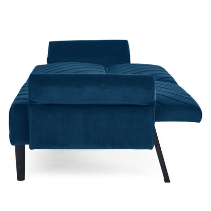 Canapé-lit futon convertible capitonné en velours bleu 87 avec accoudoirs réglables pour salon