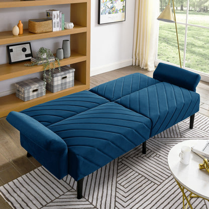 Canapé-lit futon convertible capitonné en velours bleu 87 avec accoudoirs réglables pour salon