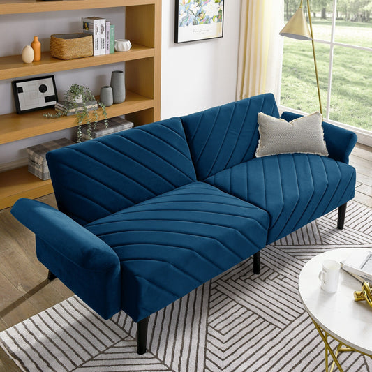 Canapé-lit futon convertible capitonné en velours bleu 87 avec accoudoirs réglables pour salon