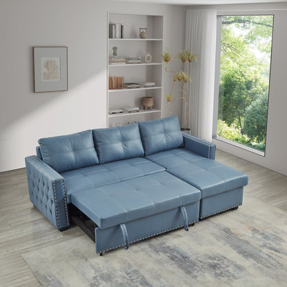 Canapé convertible bleu en microfibre de 88 pouces avec lit gigogne et méridienne de rangement