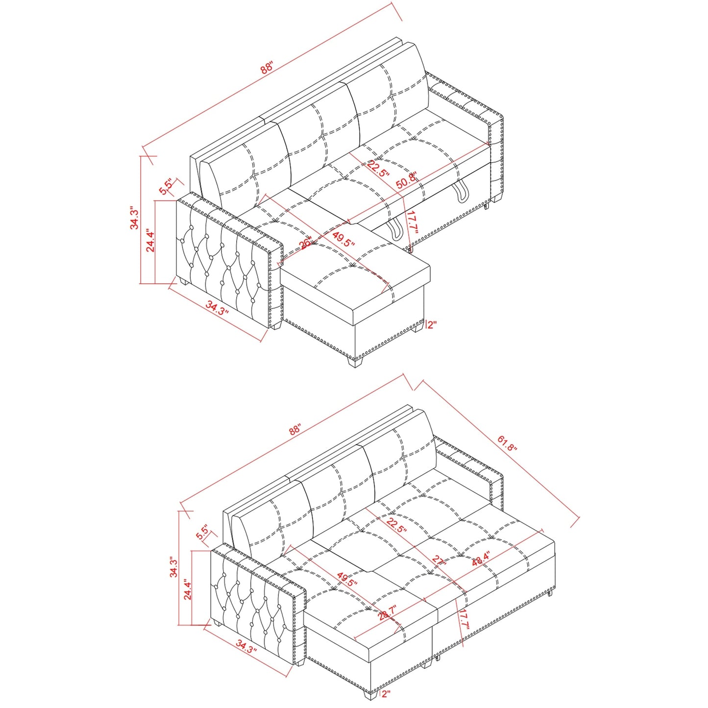 Canapé-lit convertible 3 places bleu en microfibre de 88 pouces avec méridienne de rangement, lit gigogne et coussin en éponge de haute qualité