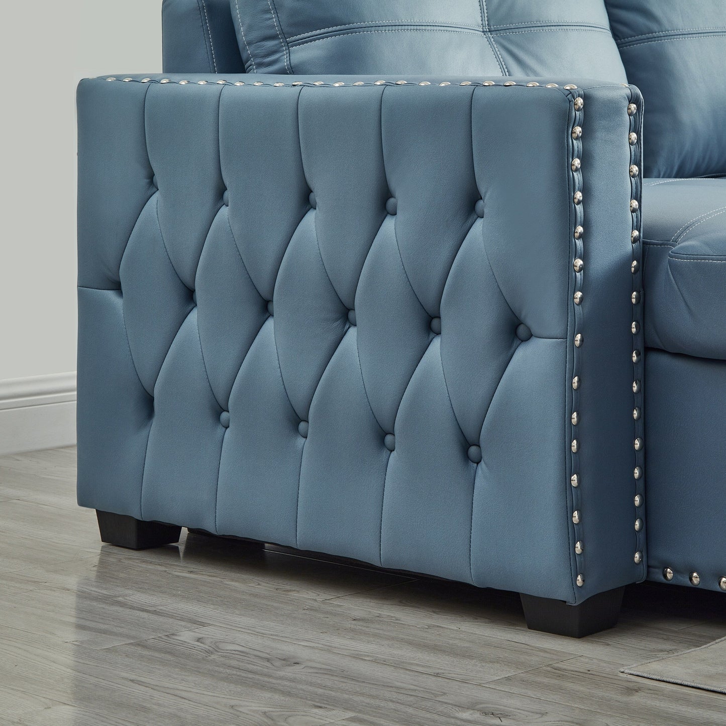 Canapé-lit convertible bleu en microfibre de 88 po avec méridienne de rangement