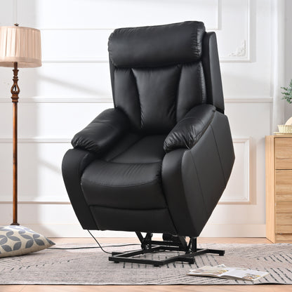Fauteuil inclinable électrique en tissu antidérapant bleu pour personnes âgées, avec télécommande, design moelleux et poche de rangement latérale.