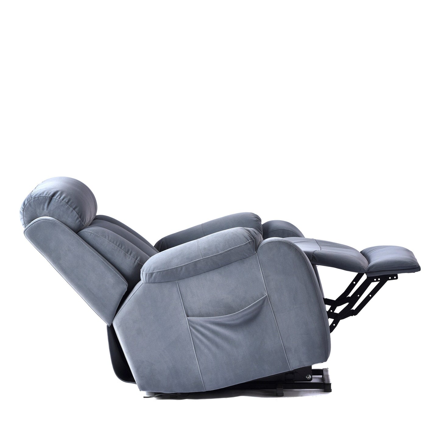 Fauteuil inclinable électrique en tissu antidérapant bleu pour personnes âgées, avec télécommande, design moelleux et poche de rangement latérale.