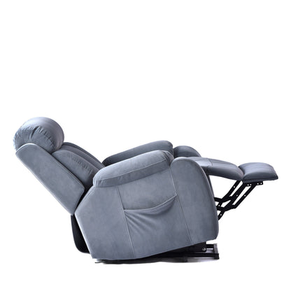 Fauteuil inclinable électrique en tissu antidérapant bleu pour personnes âgées, avec télécommande, design moelleux et poche de rangement latérale.