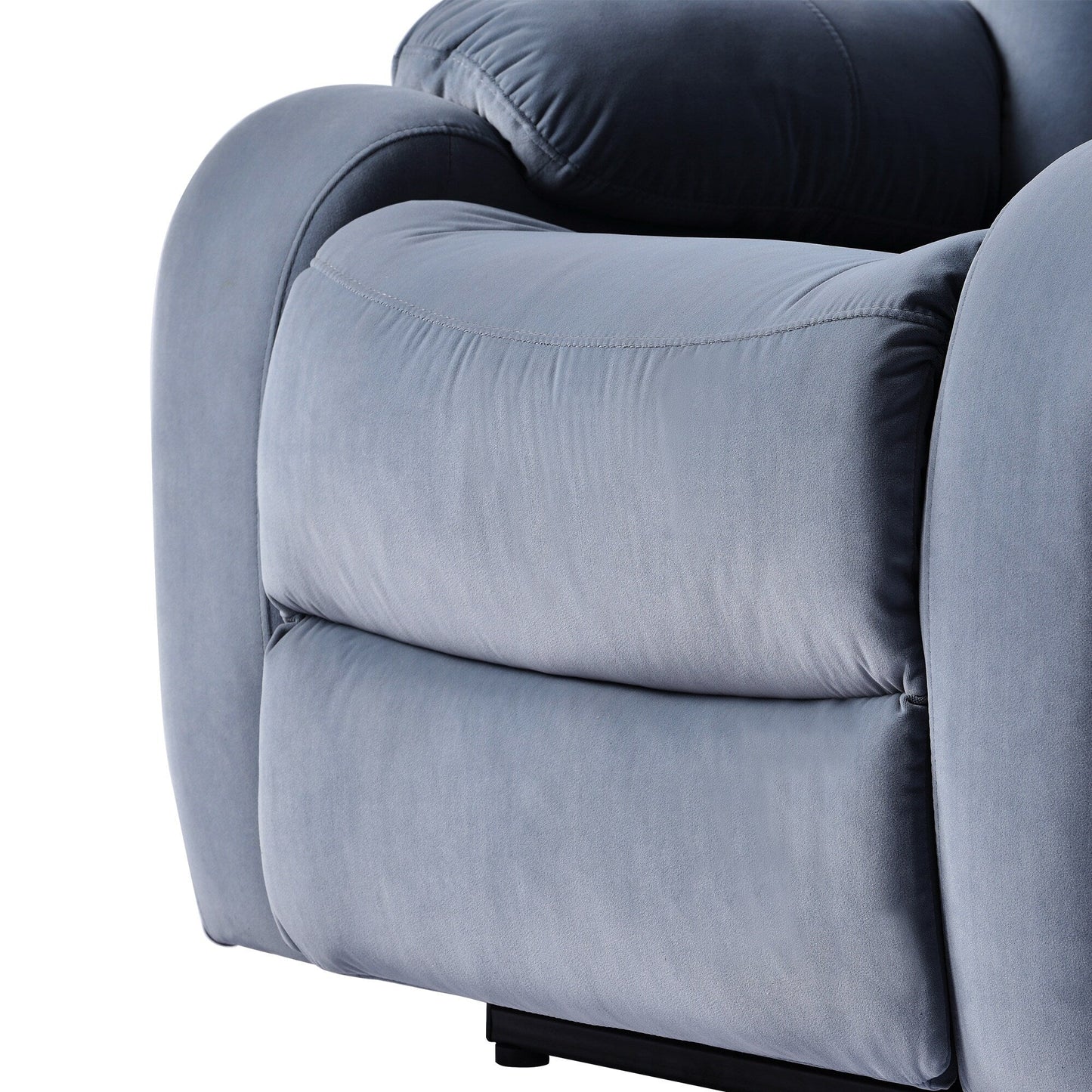 Fauteuil inclinable électrique en tissu antidérapant bleu pour personnes âgées, avec télécommande, design moelleux et poche de rangement latérale.