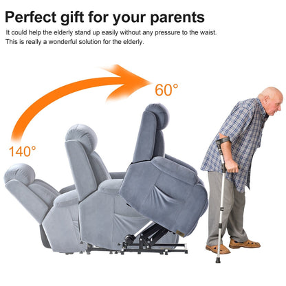 Fauteuil inclinable électrique en tissu antidérapant bleu pour personnes âgées, avec télécommande, design moelleux et poche de rangement latérale.