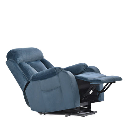Fauteuil inclinable électrique en tissu antidérapant bleu pour personnes âgées, avec télécommande, design moelleux et poche de rangement latérale.