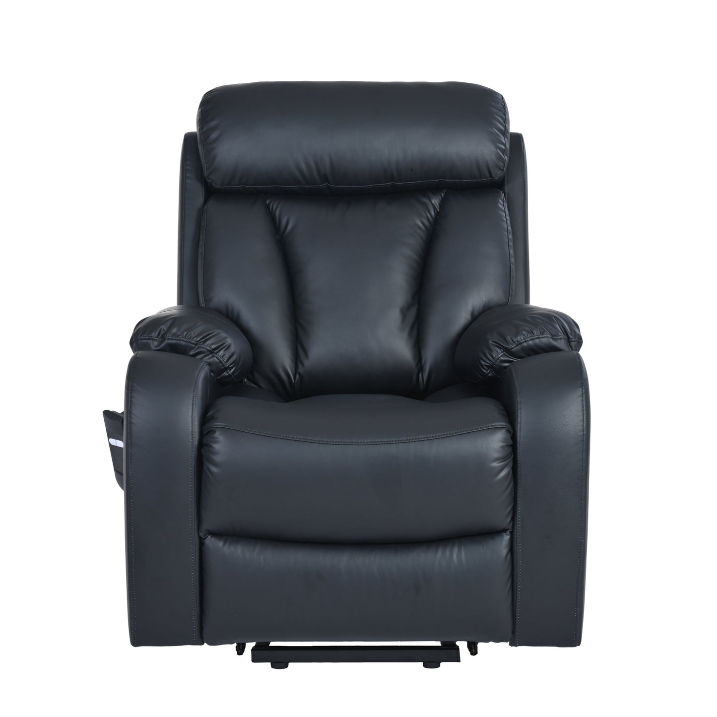 Fauteuil inclinable électrique en tissu antidérapant bleu pour personnes âgées, avec télécommande, design moelleux et poche de rangement latérale.