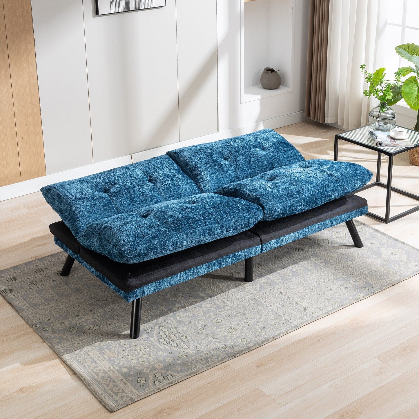Canapé-lit futon convertible en chenille bleue
