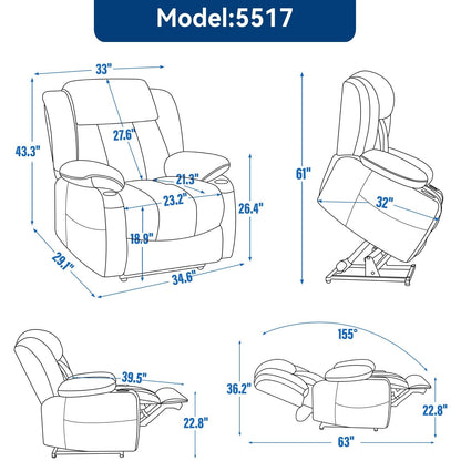 Fauteuil inclinable électrique rembourré en chenille bleue avec massage par vibrations à 8 points, chauffage lombaire, ports USB et Type-C, porte-gobelets