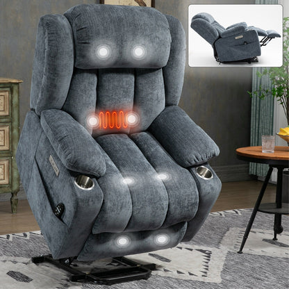 Fauteuil inclinable électrique rembourré en chenille bleue avec massage par vibrations à 8 points, chauffage lombaire, ports USB et Type-C, porte-gobelets