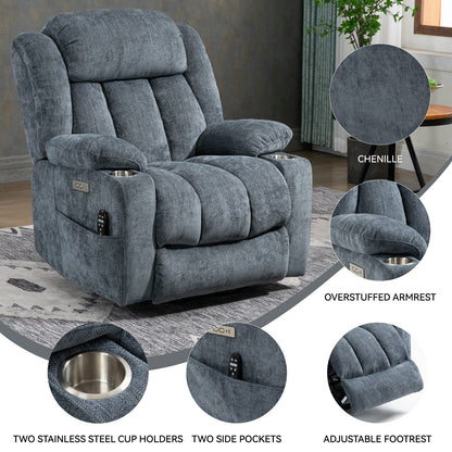 Fauteuil inclinable électrique rembourré en chenille bleue avec massage par vibrations à 8 points, chauffage lombaire, ports USB et Type-C, porte-gobelets