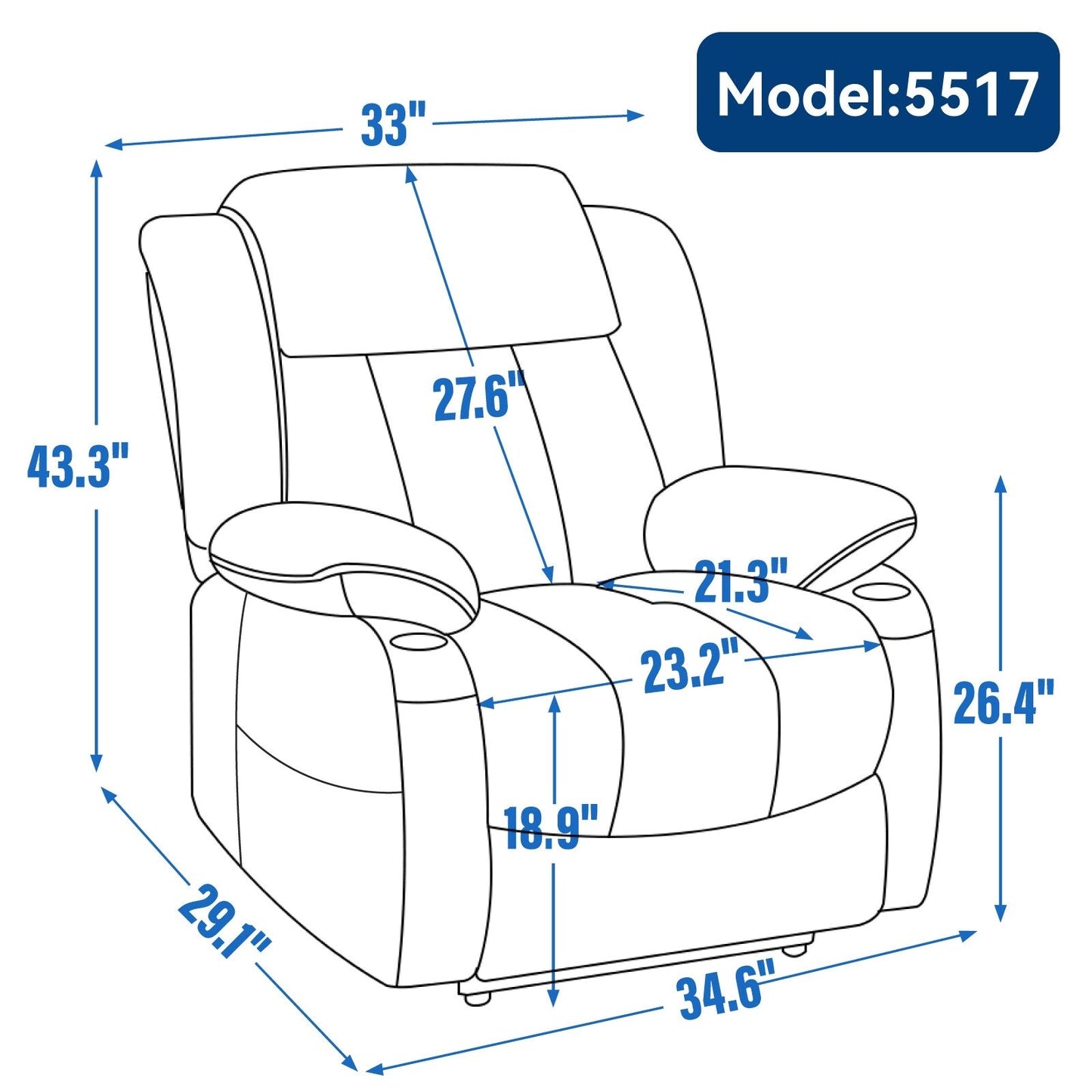 Fauteuil inclinable électrique rembourré en chenille bleue avec massage par vibrations à 8 points, chauffage lombaire, ports USB et Type-C, porte-gobelets