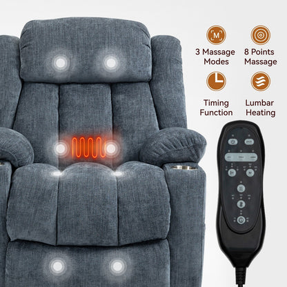 Fauteuil inclinable électrique rembourré en chenille bleue avec massage par vibrations à 8 points, chauffage lombaire, ports USB et Type-C, porte-gobelets