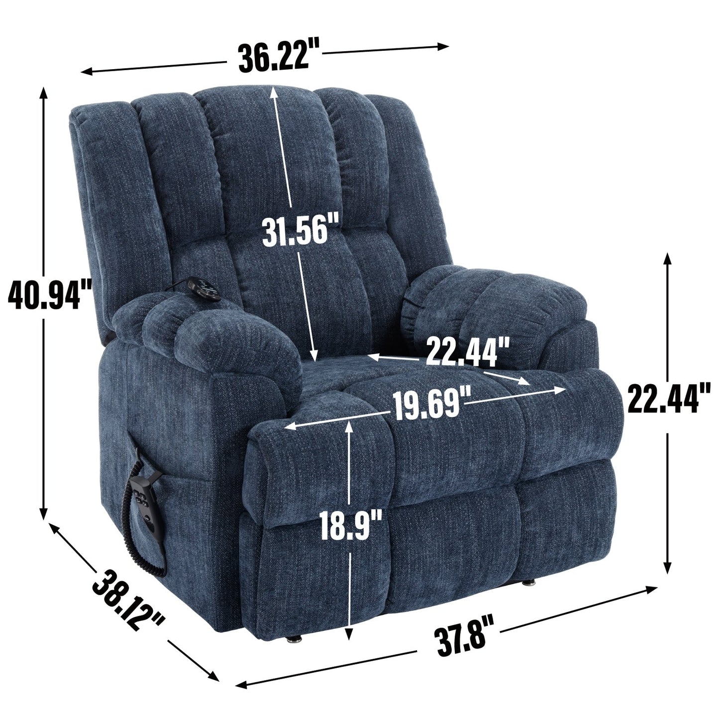 Fauteuil inclinable électrique bleu à double moteur avec chauffage, massage et soutien lombaire
