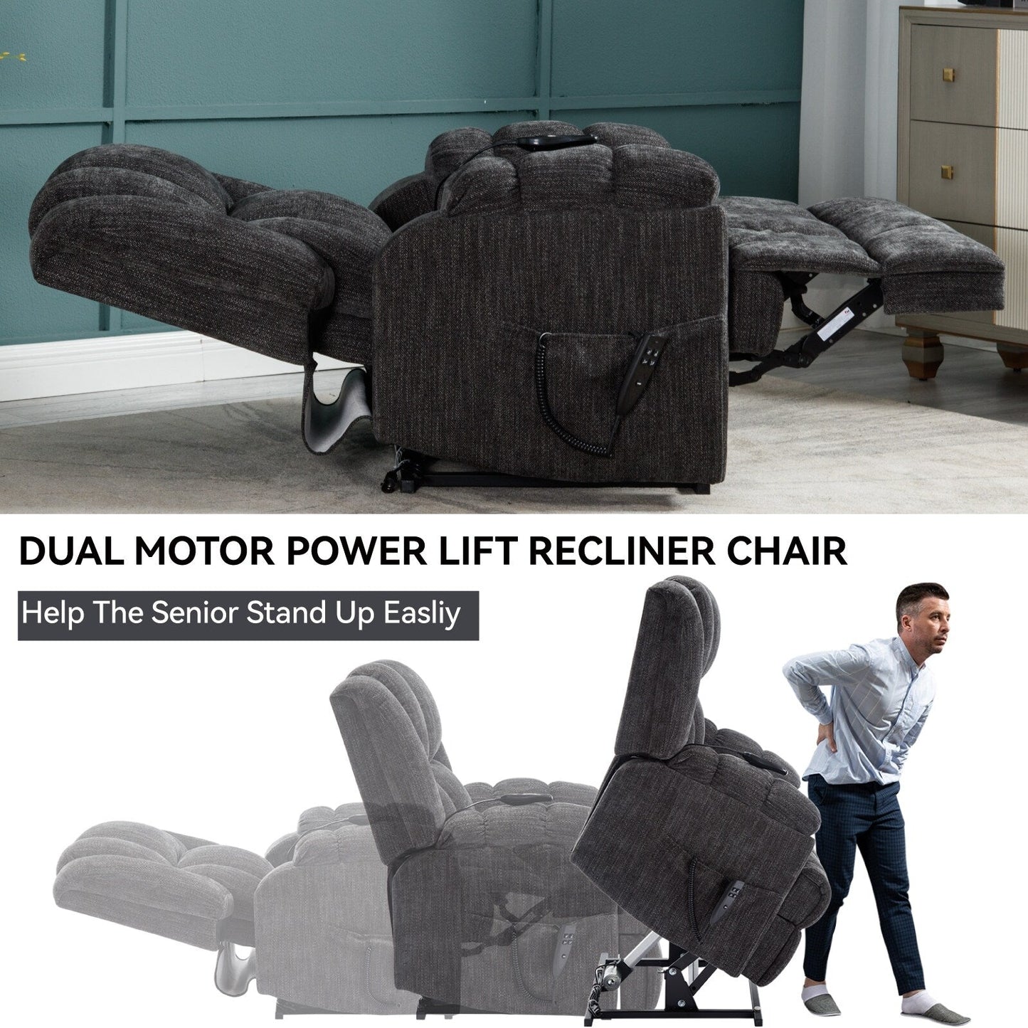 Fauteuil inclinable électrique bleu à double moteur avec chauffage, massage et soutien lombaire