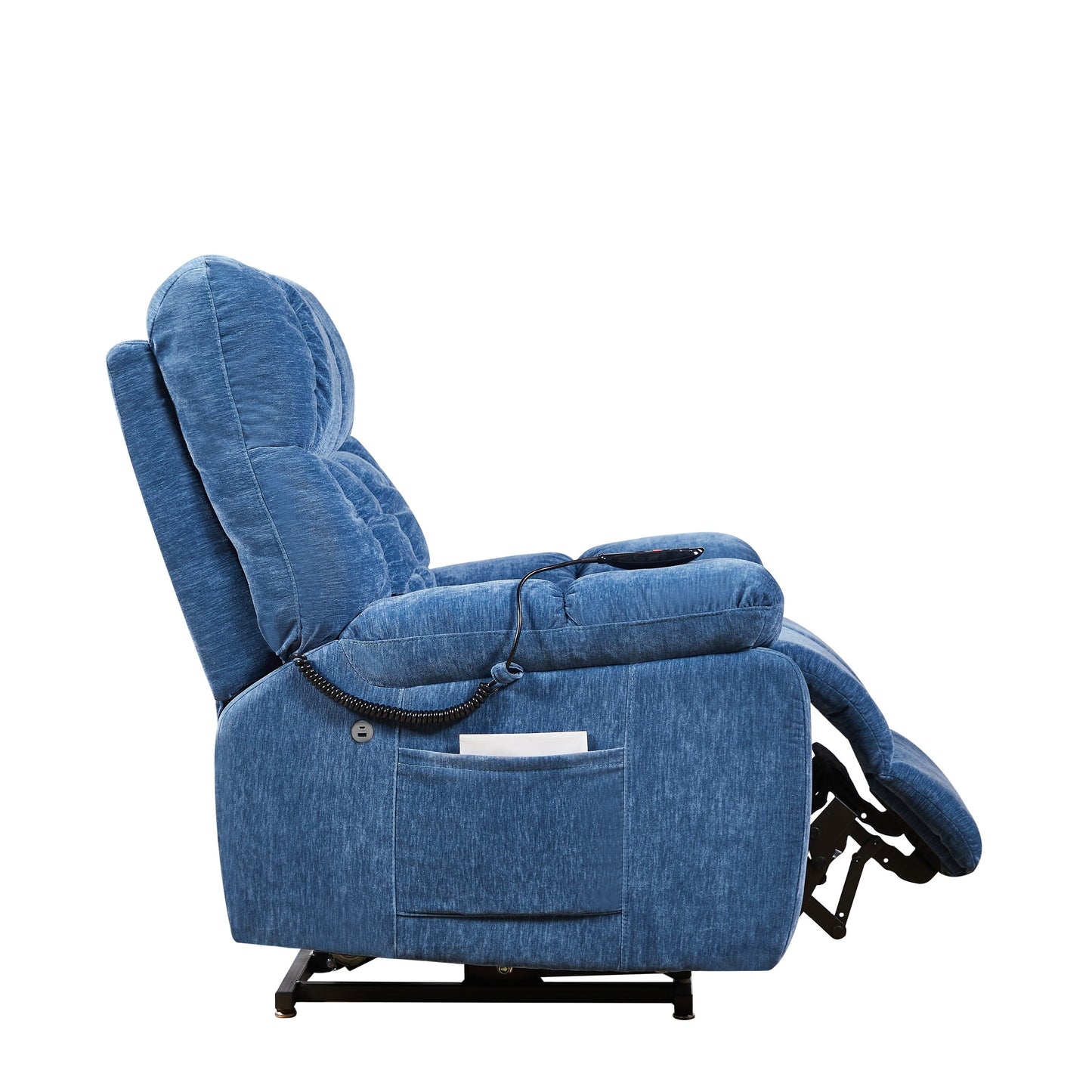 Fauteuil inclinable releveur EPower bleu avec deux moteurs OKIN, inclinaison infinie, massage par airbag, chauffage, ports USB, 2 poches latérales
