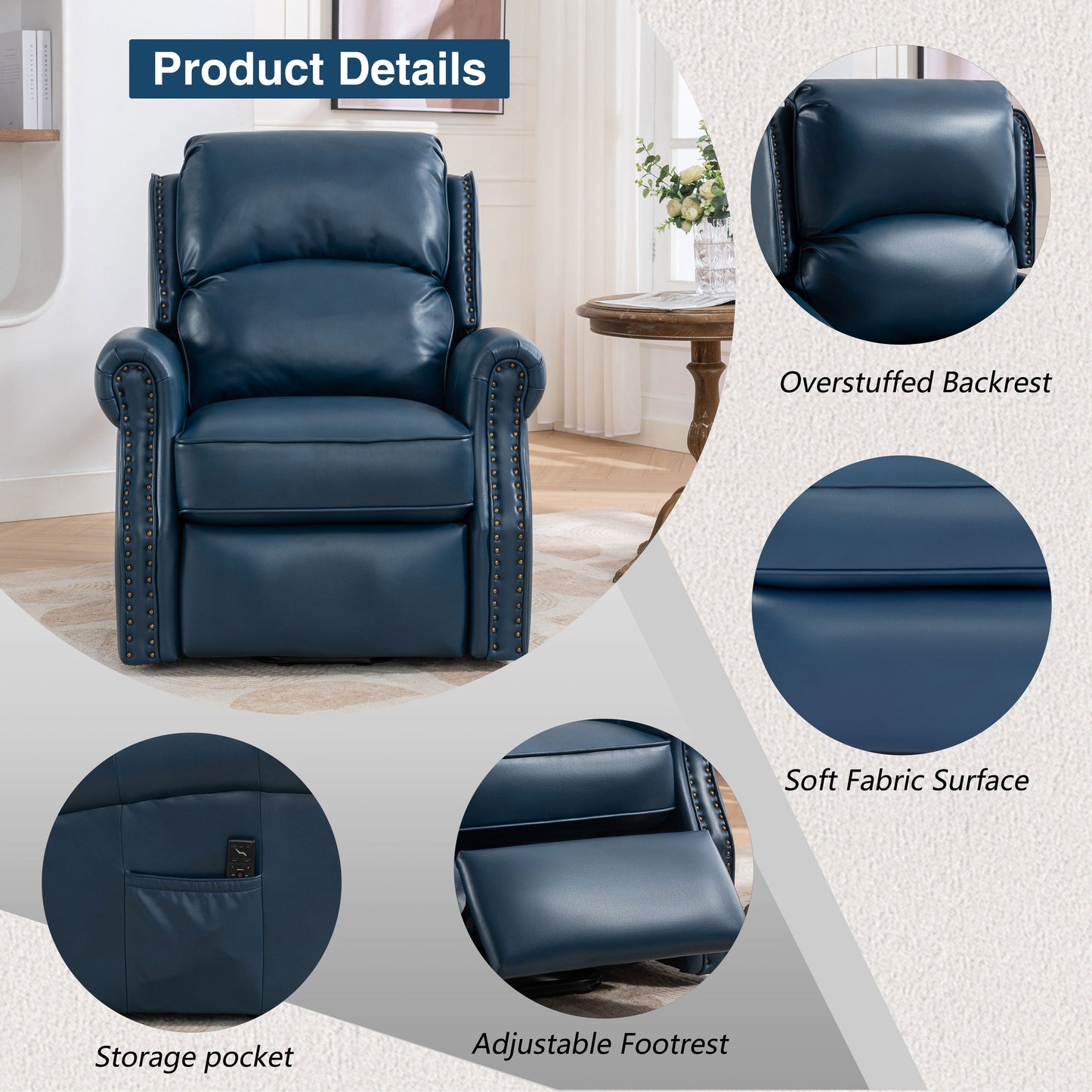 Fauteuil inclinable électrique bleu avec massage 8 points, chauffage, gravité zéro, ports USB et poche de rangement