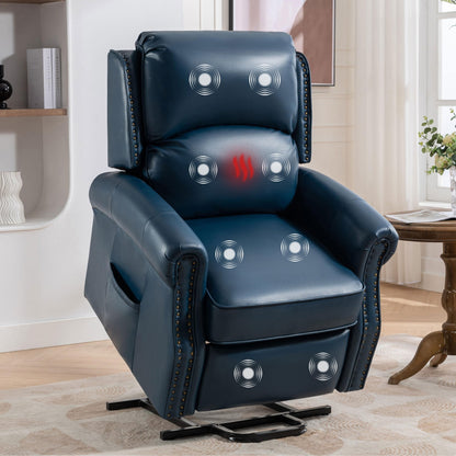 Fauteuil inclinable électrique bleu avec massage 8 points, chauffage, gravité zéro, ports USB et poche de rangement