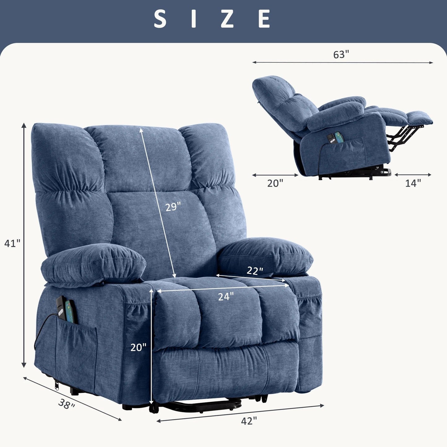 Fauteuil inclinable électrique bleu avec chauffage, massage, options d'inclinaison infinies, ports USB et poches latérales
