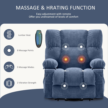 Fauteuil inclinable électrique bleu avec chauffage, massage, options d'inclinaison infinies, ports USB et poches latérales
