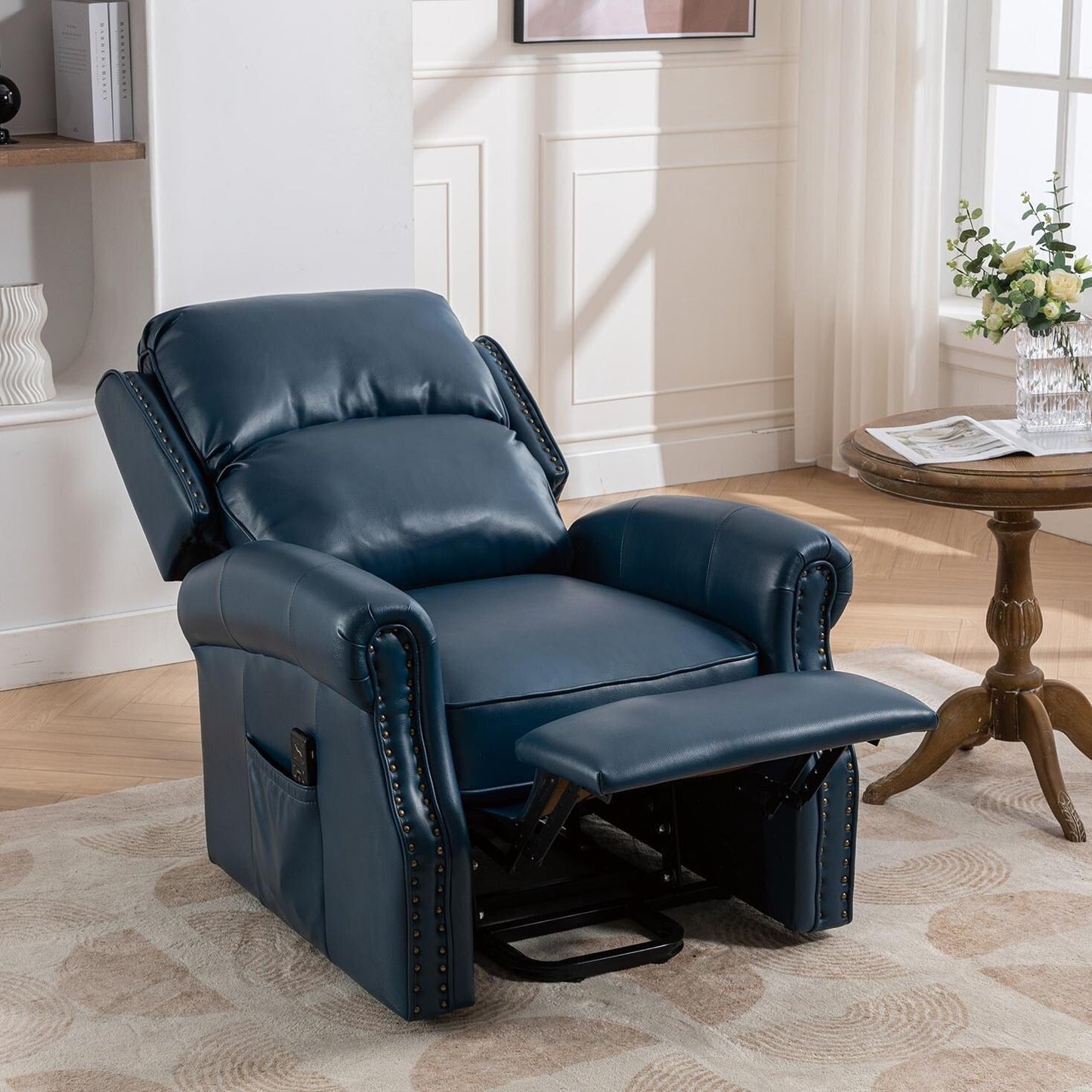 Fauteuil inclinable électrique bleu pour personnes âgées, avec massage 8 points, chauffage, gravité zéro, ports USB et poche latérale