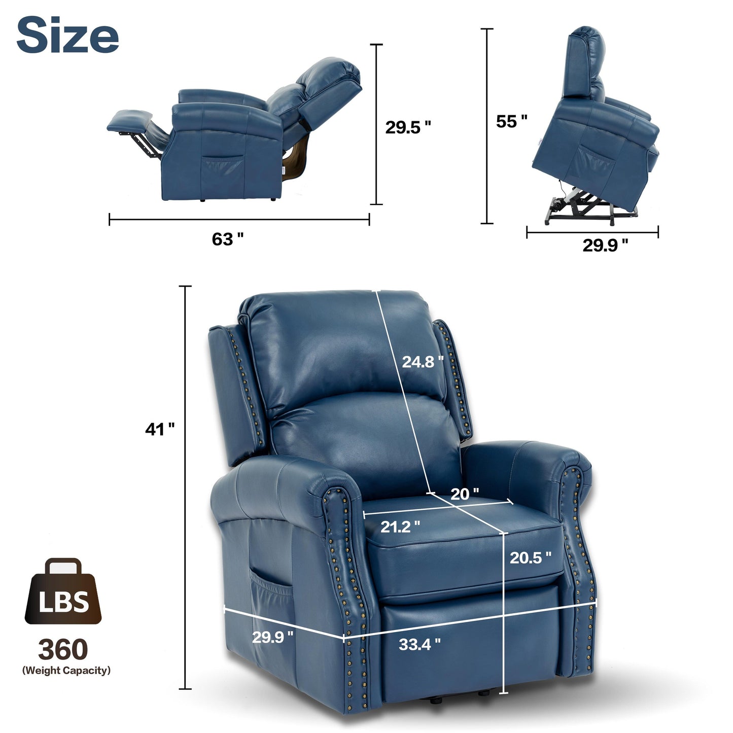 Fauteuil inclinable électrique bleu avec massage par vibrations à 8 points, chauffage, port de chargement USB et moteur OKIN silencieux