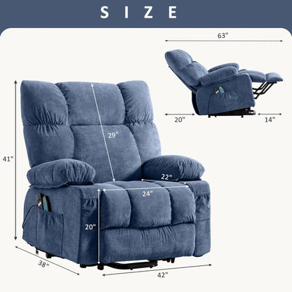 Fauteuil inclinable électrique bleu avec chauffage, massage, positions d'inclinaison infinies, ports USB et poches latérales