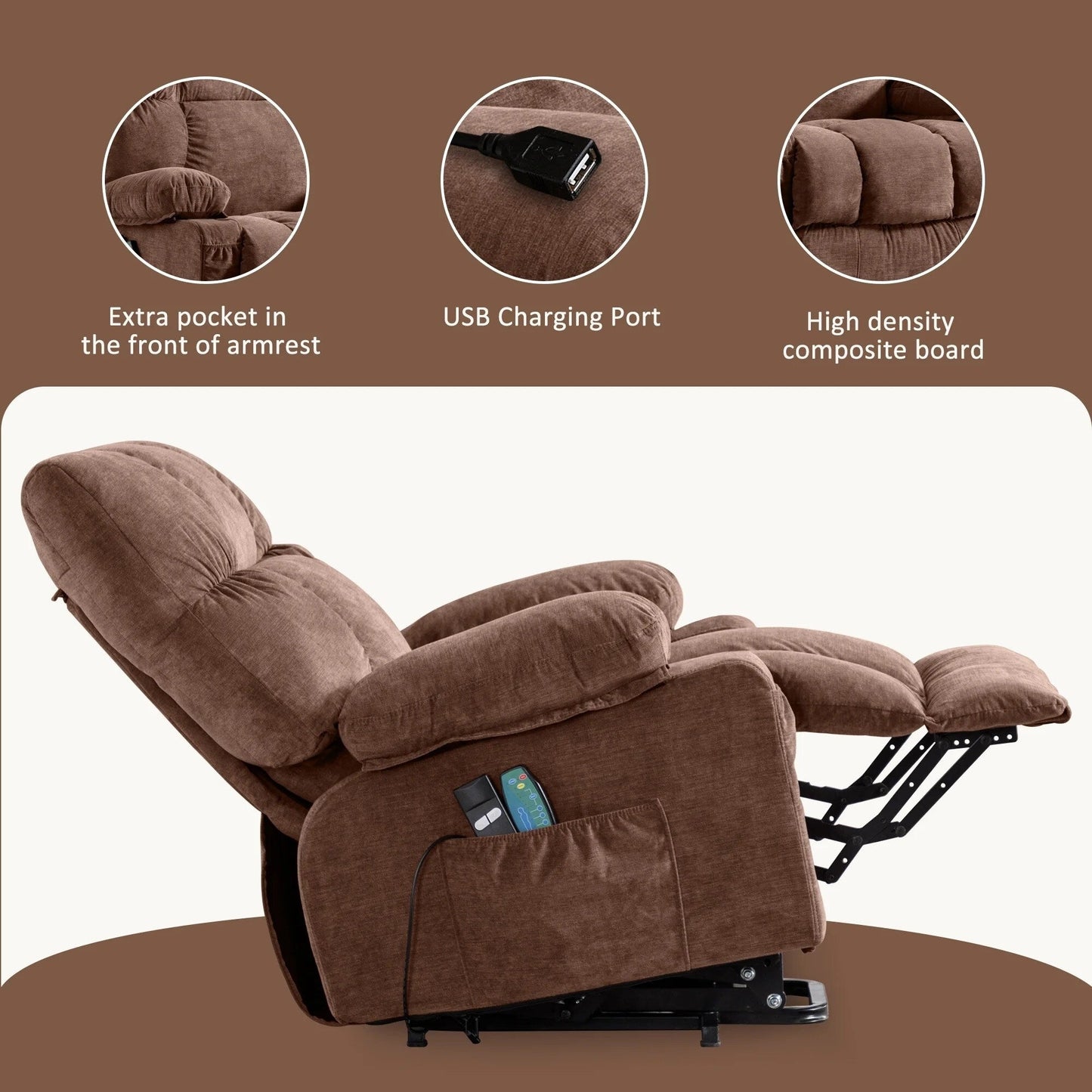Fauteuil inclinable électrique bleu avec chauffage, massage, positions d'inclinaison infinies, ports USB et poches latérales