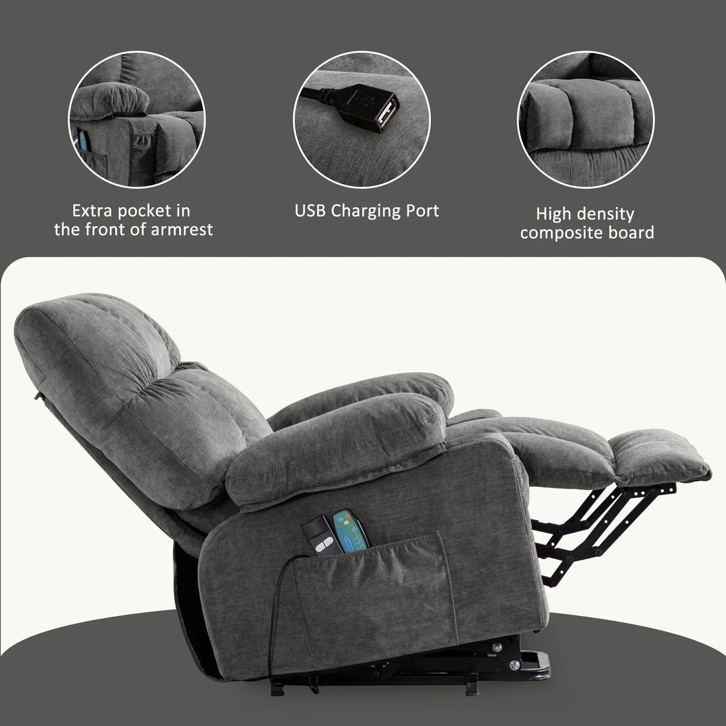 Fauteuil inclinable électrique bleu avec chauffage, massage, positions d'inclinaison infinies, ports USB et poches latérales