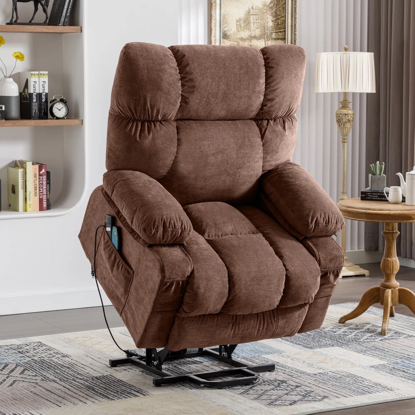 Fauteuil inclinable électrique bleu avec chauffage, massage, positions d'inclinaison infinies, ports USB et poches latérales