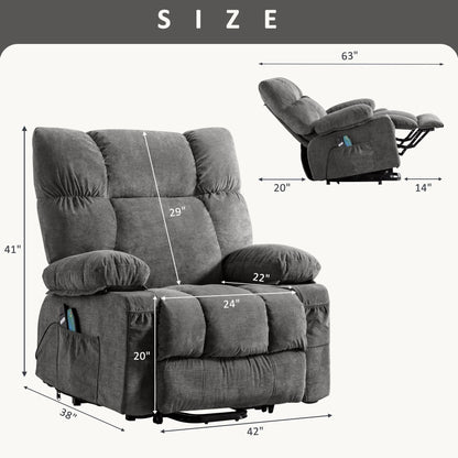 Fauteuil inclinable électrique bleu avec chauffage, massage, positions d'inclinaison infinies, ports USB et poches latérales