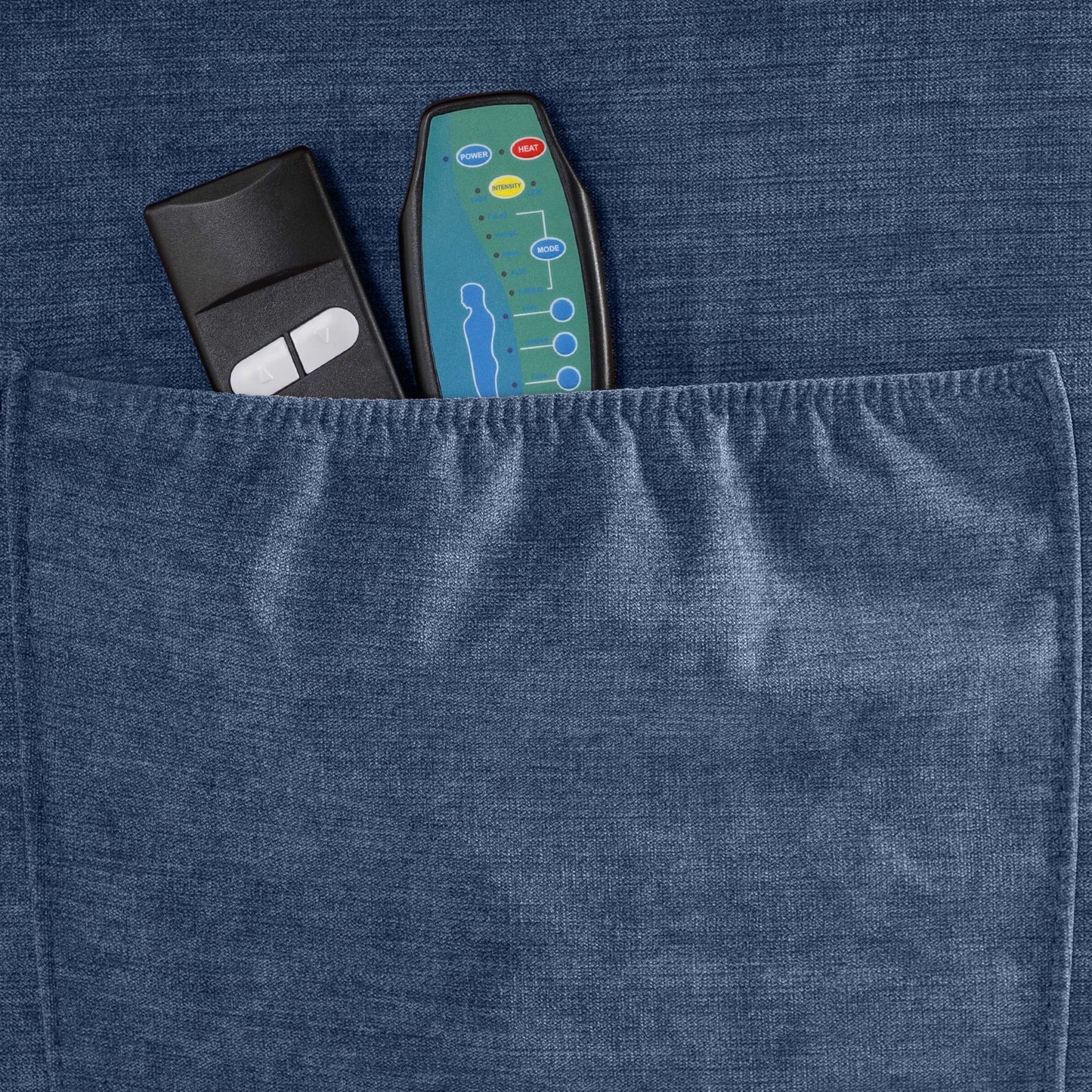 Fauteuil inclinable électrique bleu avec chauffage, massage, positions d'inclinaison infinies, ports USB et poches latérales