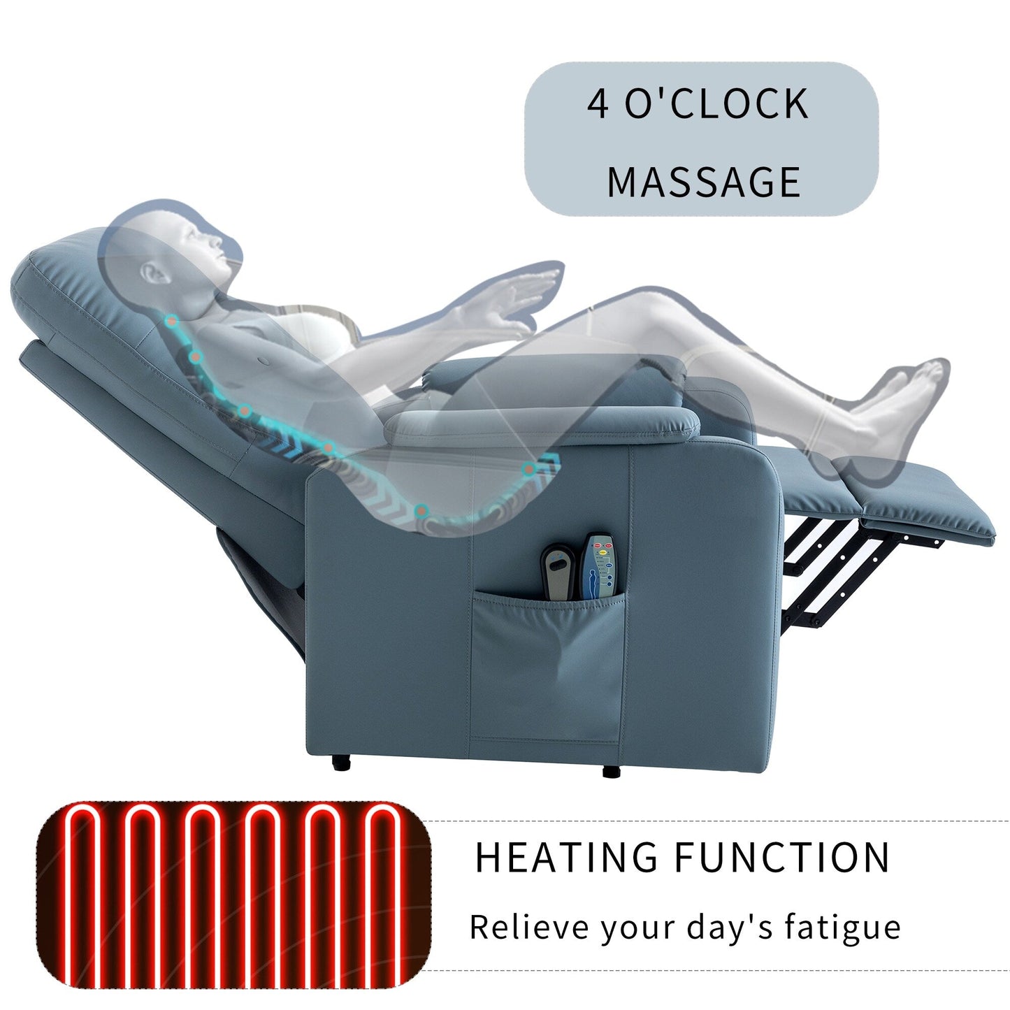 Fauteuil inclinable électrique bleu avec massage et chauffage, poche latérale pratique pour seniors et adultes