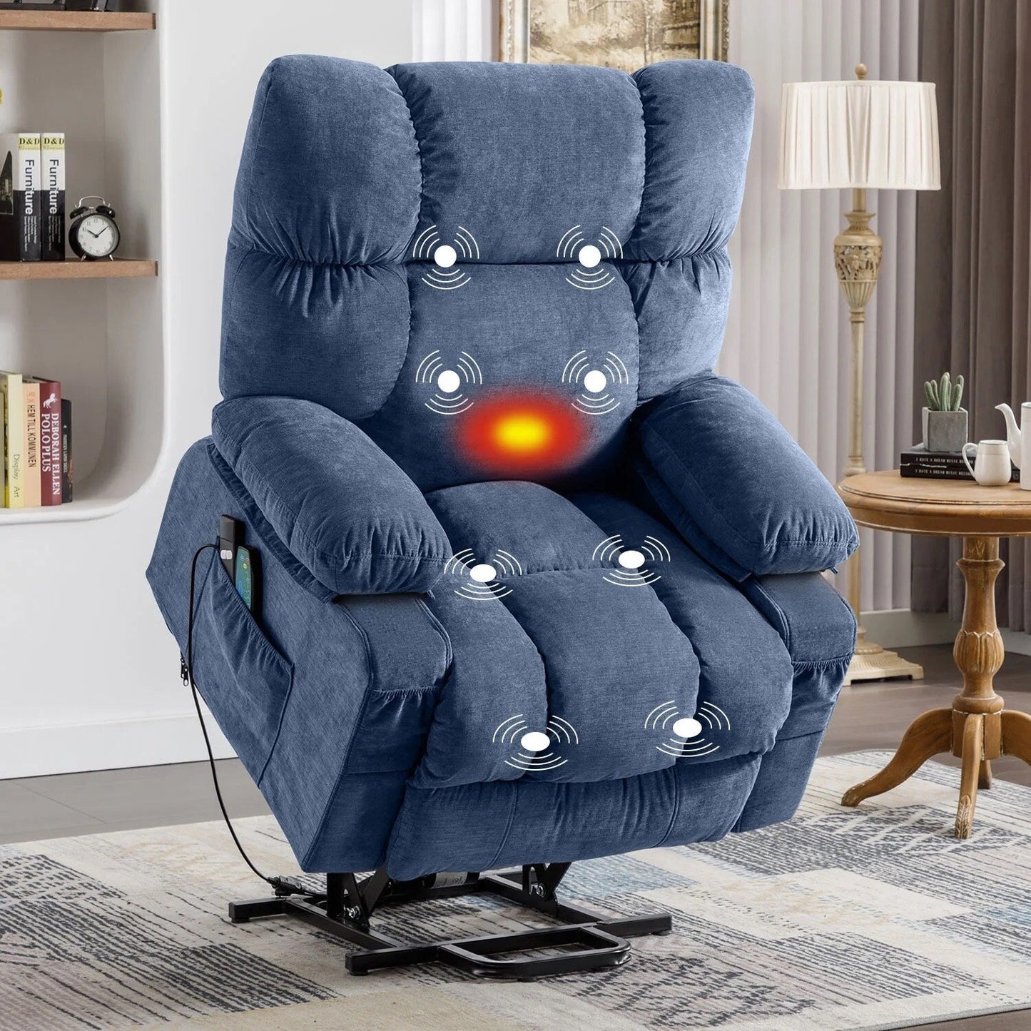 Fauteuil inclinable électrique bleu avec chauffage, massage, inclinaison infinie, chargement USB et poches latérales