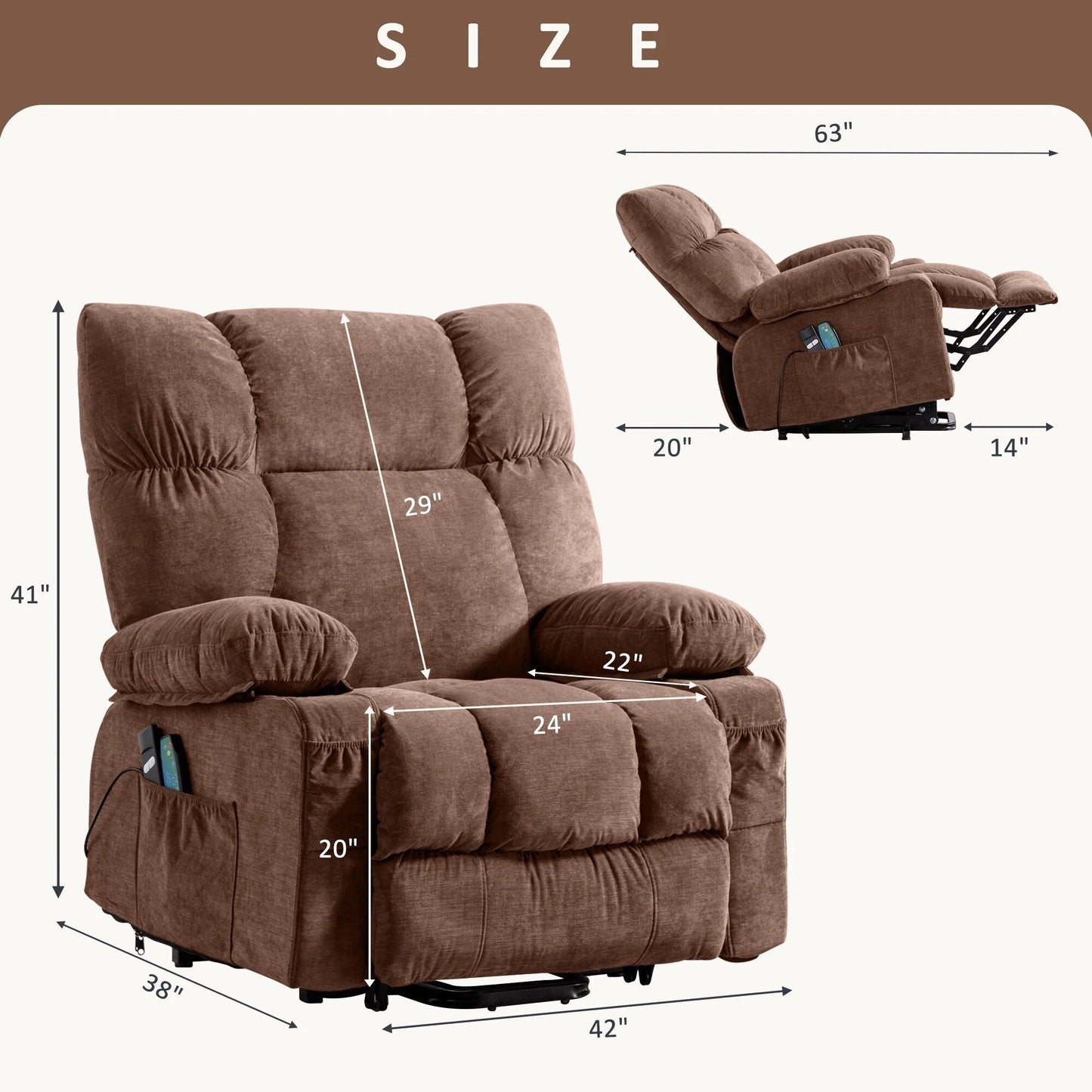 Fauteuil inclinable électrique bleu avec chauffage, massage, inclinaison infinie, chargement USB et poches latérales