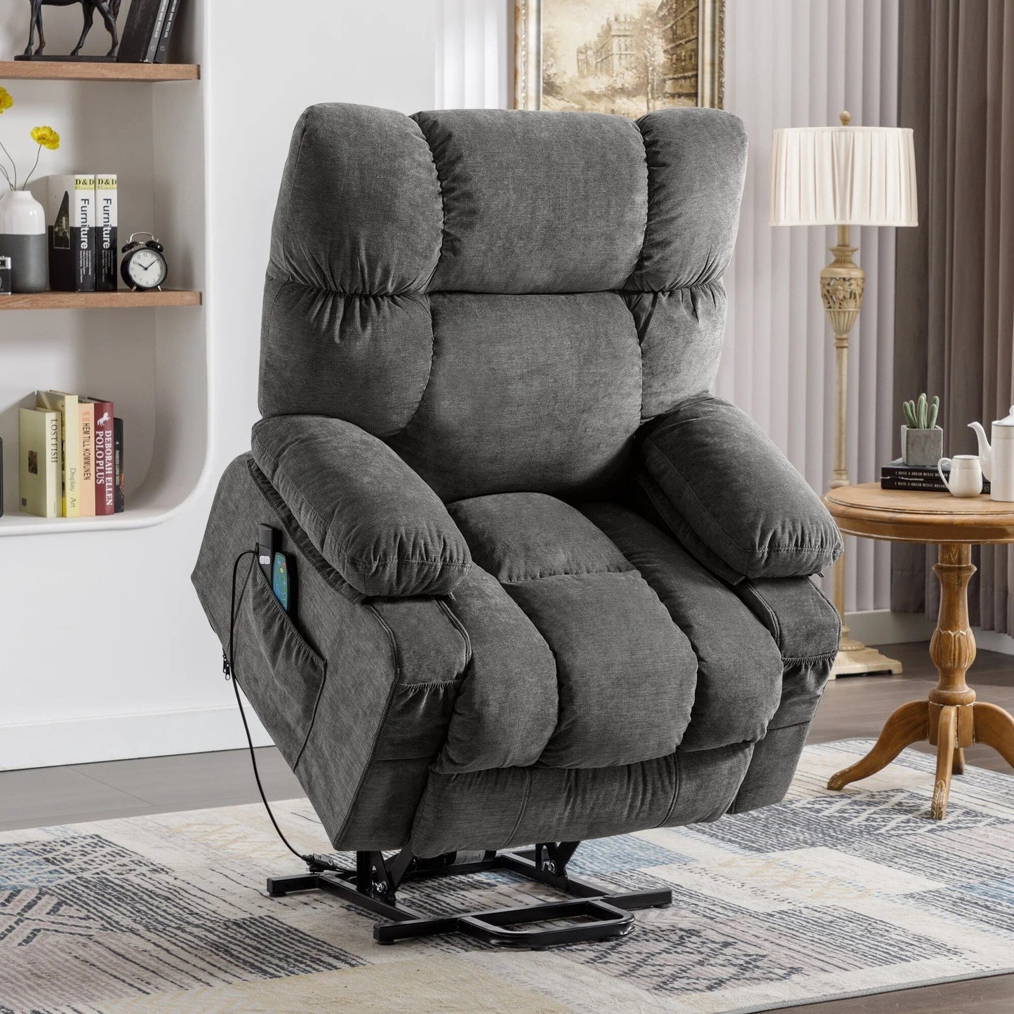 Fauteuil inclinable électrique bleu avec chauffage, massage, inclinaison infinie, chargement USB et poches latérales