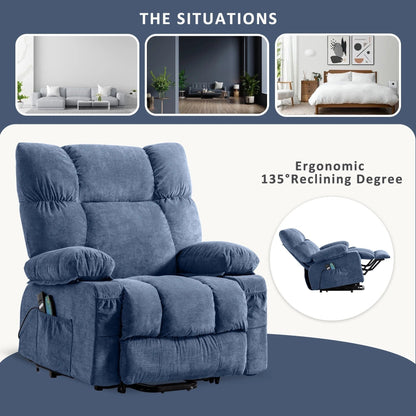 Fauteuil inclinable électrique bleu avec chauffage, massage, inclinaison infinie, chargement USB et poches latérales