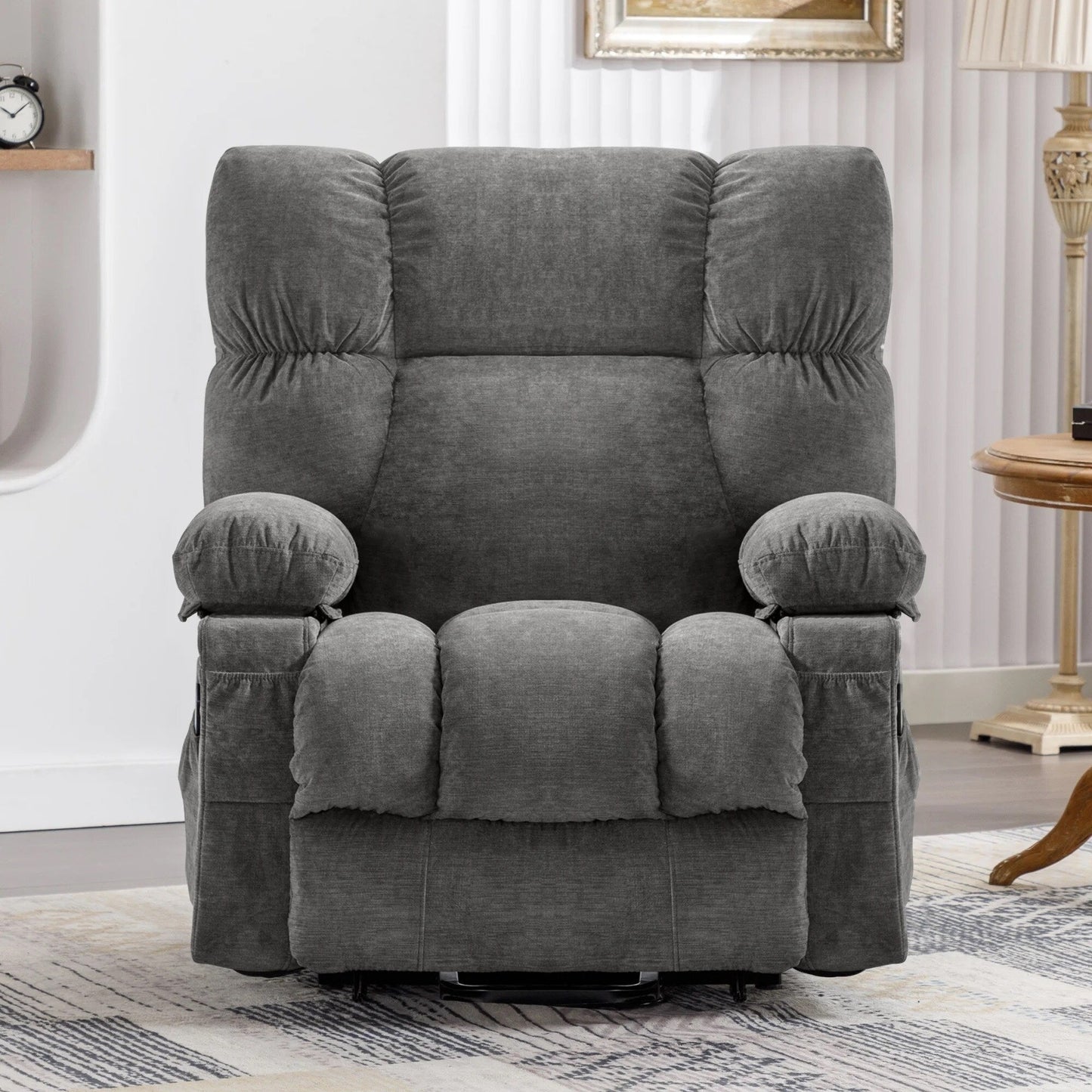 Fauteuil inclinable électrique bleu avec chauffage, massage, inclinaison infinie, chargement USB et poches latérales