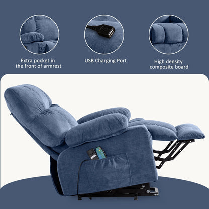 Fauteuil inclinable électrique bleu avec chauffage, massage, inclinaison infinie, chargement USB et poches latérales