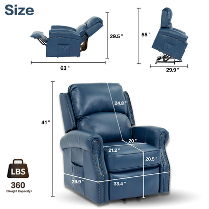 Fauteuil inclinable électrique bleu avec chauffage, massage, ports USB et moteur OKIN silencieux pour un confort accru