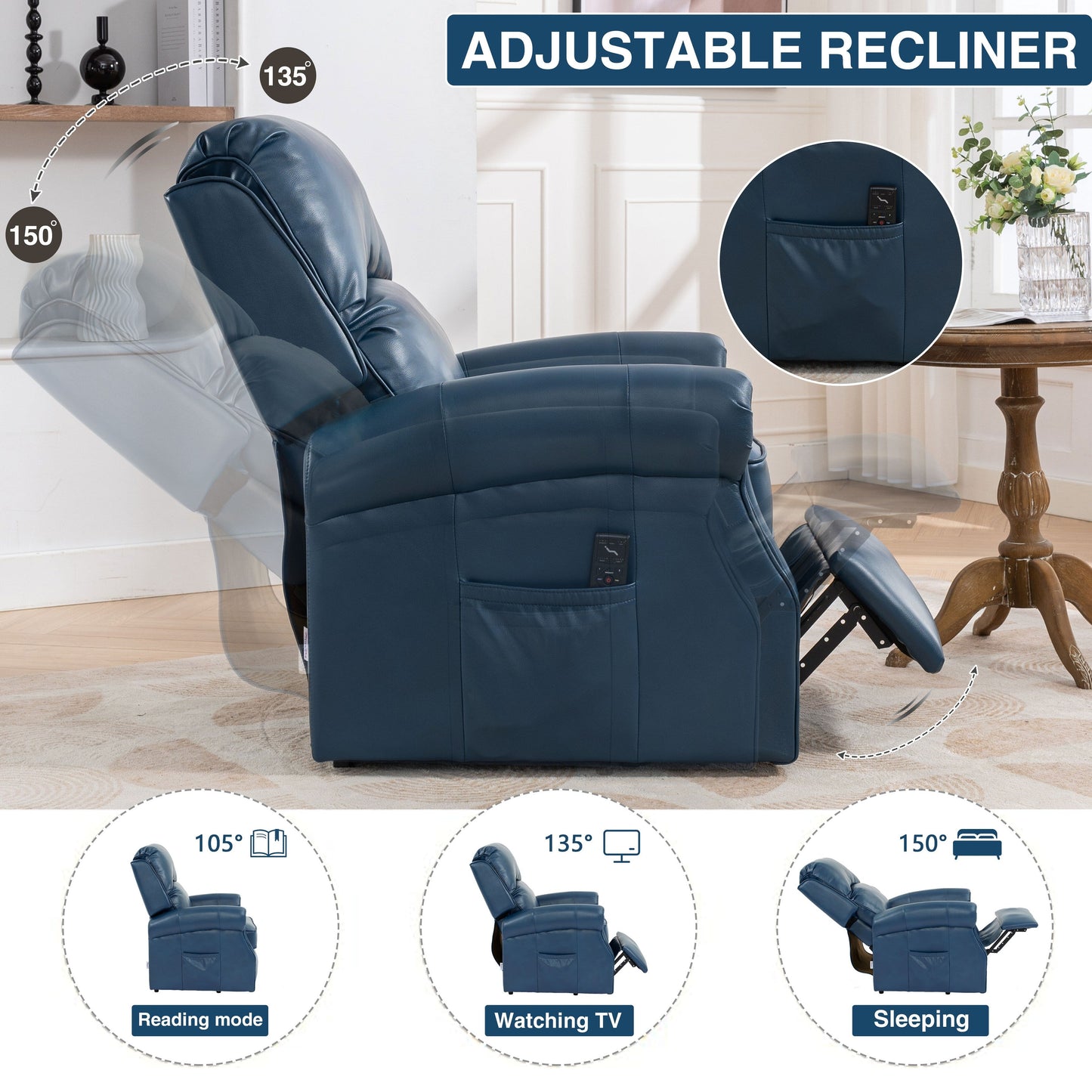 Fauteuil inclinable électrique bleu avec massage et chargement USB
