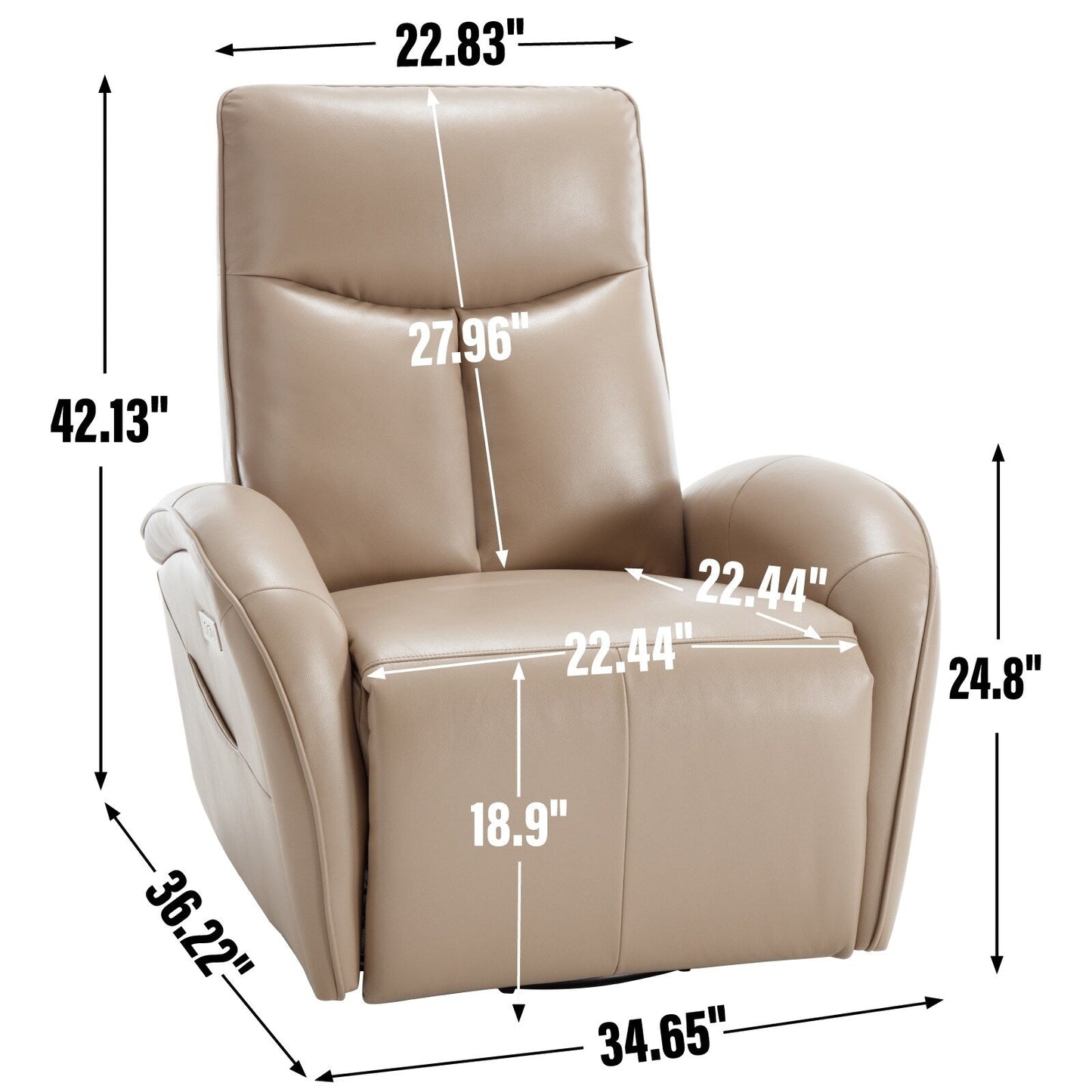 Fauteuil inclinable électrique en cuir véritable bleu avec pivot à 270°, mouvement de bascule, soutien lombaire et chargement USB et Type-C