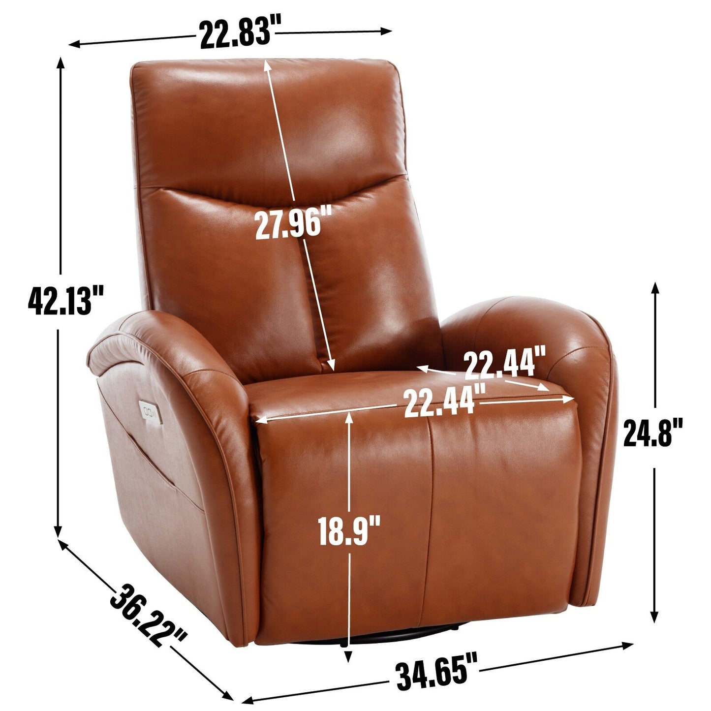 Fauteuil inclinable électrique en cuir véritable bleu avec pivot à 270°, mouvement de bascule, soutien lombaire et chargement USB et Type-C