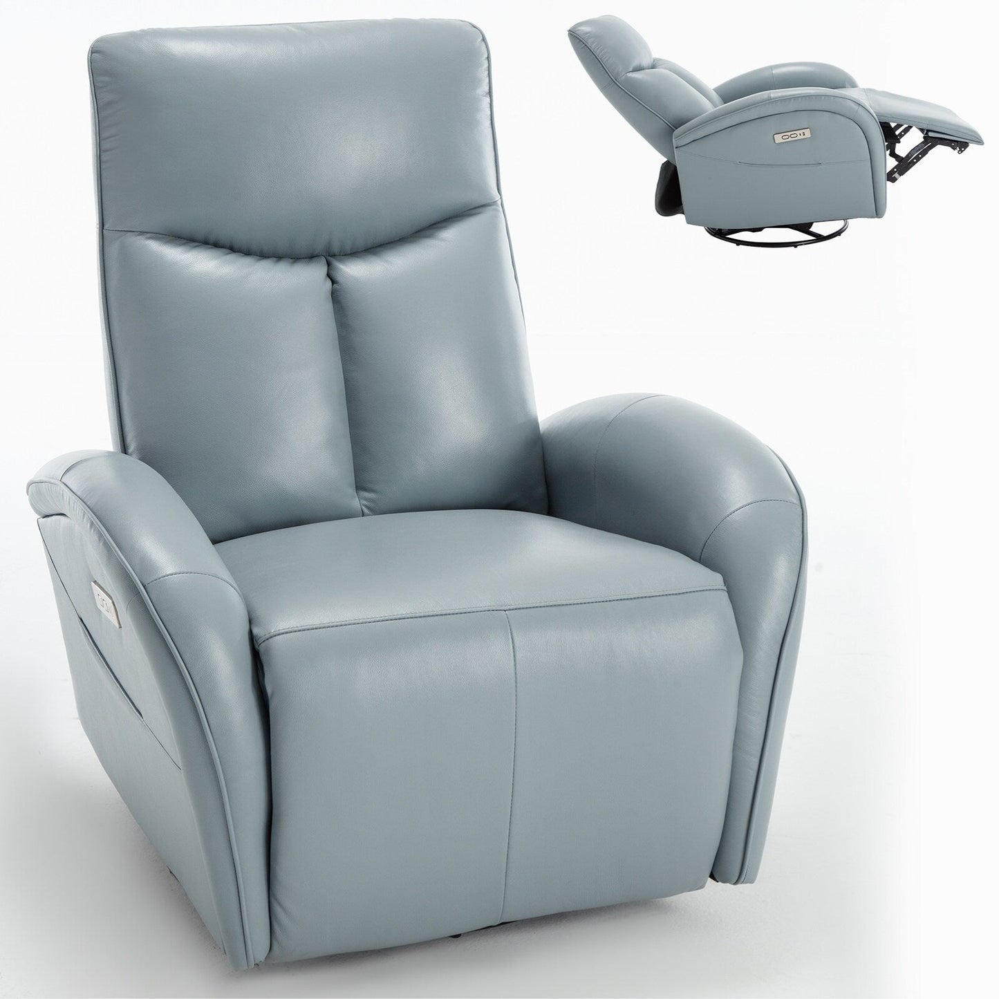 Fauteuil inclinable électrique en cuir véritable bleu avec pivot à 270°, mouvement de bascule, soutien lombaire et ports USB et Type-C