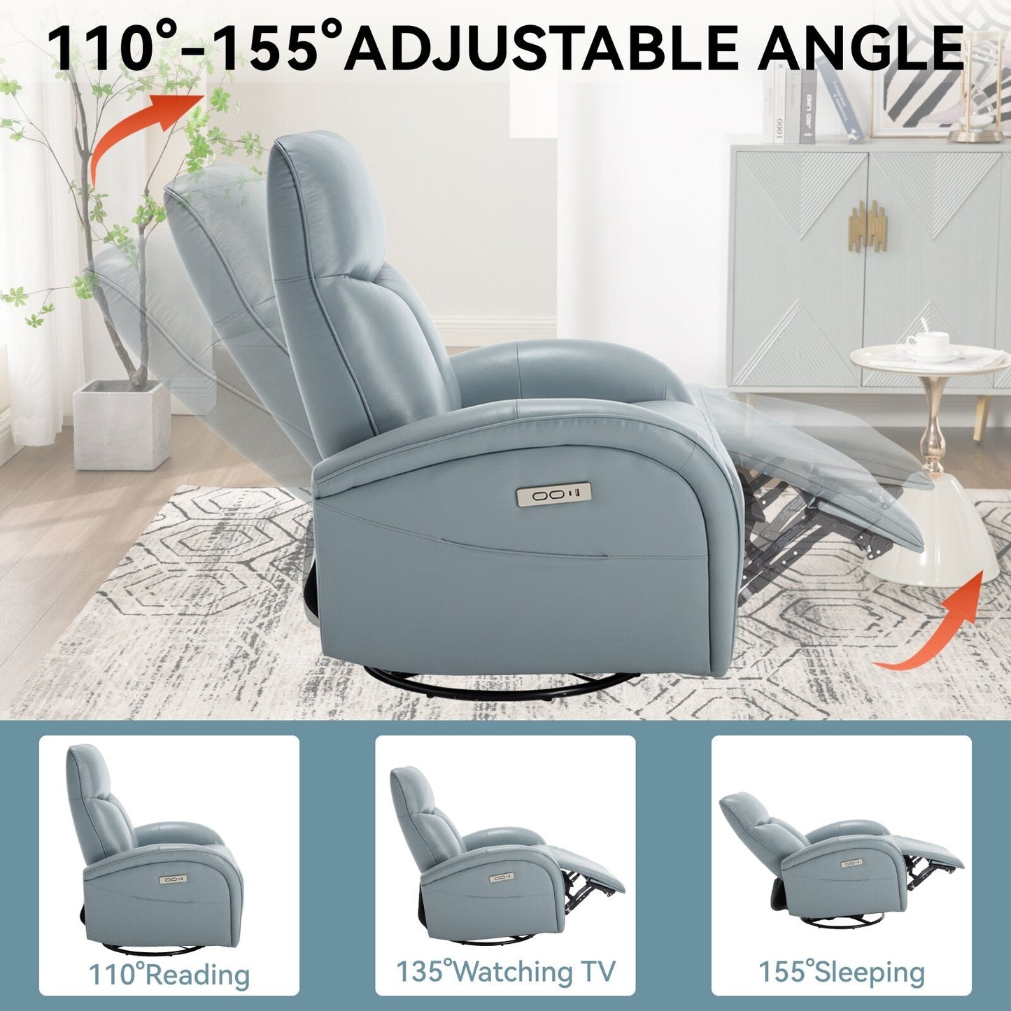 Fauteuil inclinable électrique en cuir véritable bleu avec pivot à 270°, mouvement de bascule, soutien lombaire et ports USB et Type-C