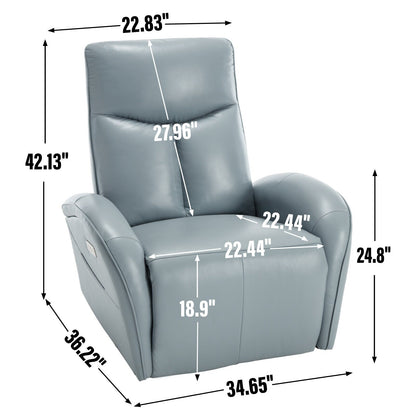 Fauteuil inclinable électrique en cuir bleu avec pivot à 270°, fonction bascule, support lombaire et ports de chargement USB et Type-C