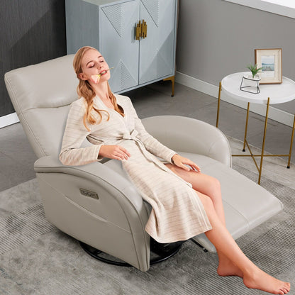 Fauteuil inclinable électrique en cuir bleu avec pivot à 270°, fonction bascule, soutien lombaire et ports USB et Type-C